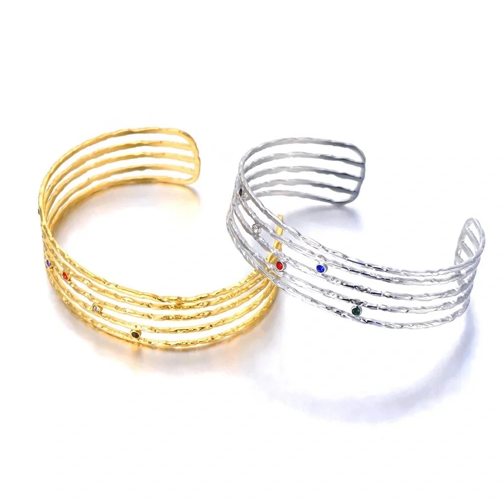 Gold Tone Layered Open Cuff Bracelet Multicolor Rhinestones Lightweight